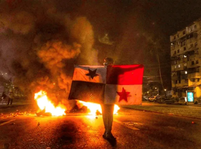 Manifestante con la bandera y fuego detrás
